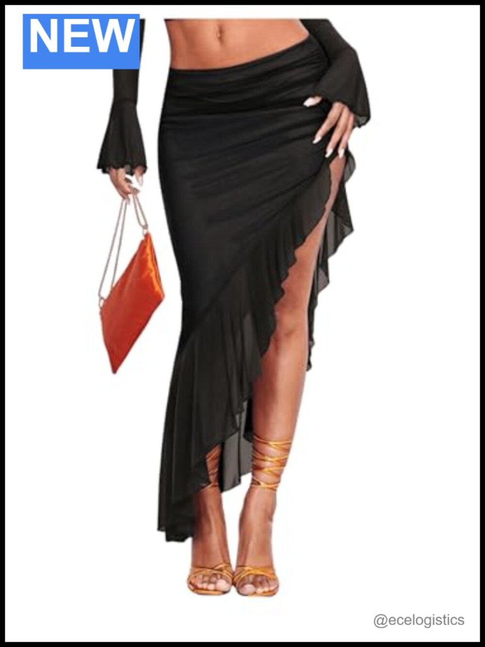 Asymmetrical High Slit Mesh Long Skirt Ruffle Hem Ruched Bodycon Maxi